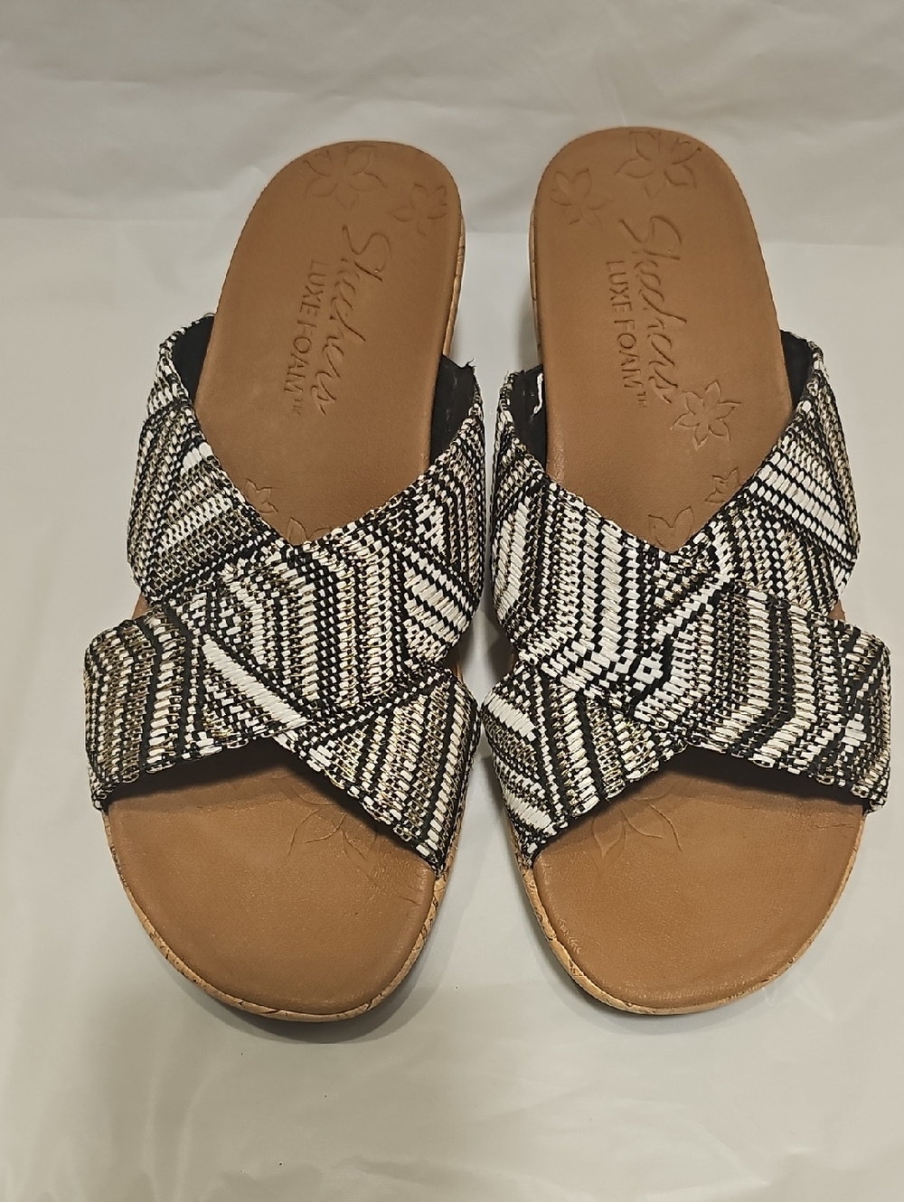 Skechers Black and White Crisscross Slide Sandals